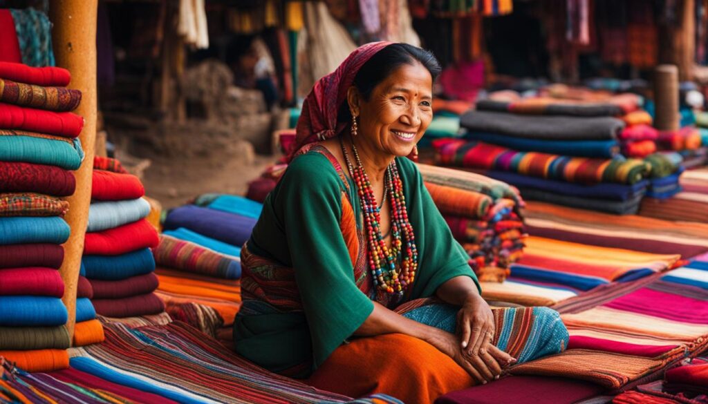 Mayan woman selling colorful textiles at Chichicastenango market
