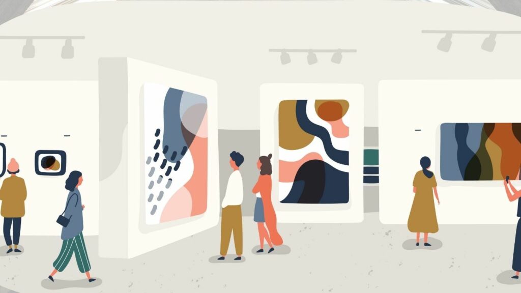 an illustration of people looking at art in  Museum